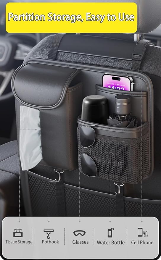 Premium Leather Car Seat Back Organizer with Cup and Tissue Holder, Multi-Pocket Storage with Adjustable Straps for SUVs, Trucks, Sedans (Brown)
