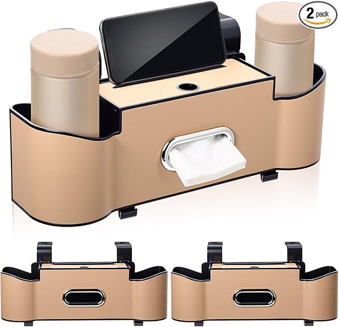 LemonRoad 2 Pack Multifunctional Car Seat Back Storage Box Car Seat Back Organizer with Tissue Box, 2 Cup Holders and Hooks for Hold Phone, Drinks, Handbag, Fits for Most Vehicles (Beige)