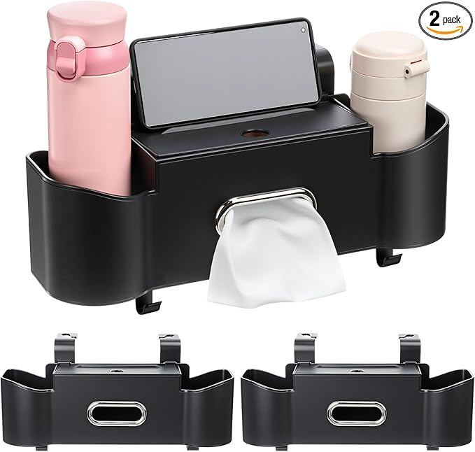 LemonRoad 2 Pack Multifunctional Car Seat Back Storage Box Car Seat Back Organizer with Tissue Box, 2 Cup Holders and Hooks for Hold Phone, Drinks, Handbag, Fits for Most Vehicles(Black)