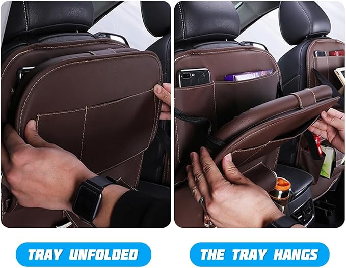 Car Seat Back Organizer, Leather Vehicle Seatback Storage Pocket with Foldable Table Tray, Multifunctional Automotive Backseat Protectors Kick Mats Accessories, Universal Fit (Black)