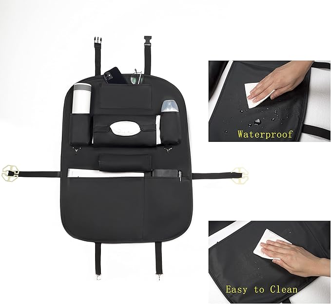 Backseat Car Organizer, PU Leather Car Seat Back Organizer Travel Storage Bag Holder Pocket Kick Mats Back Seat Protector Car Back Seat Organizer for Kids, Universal Car Travel Accessories