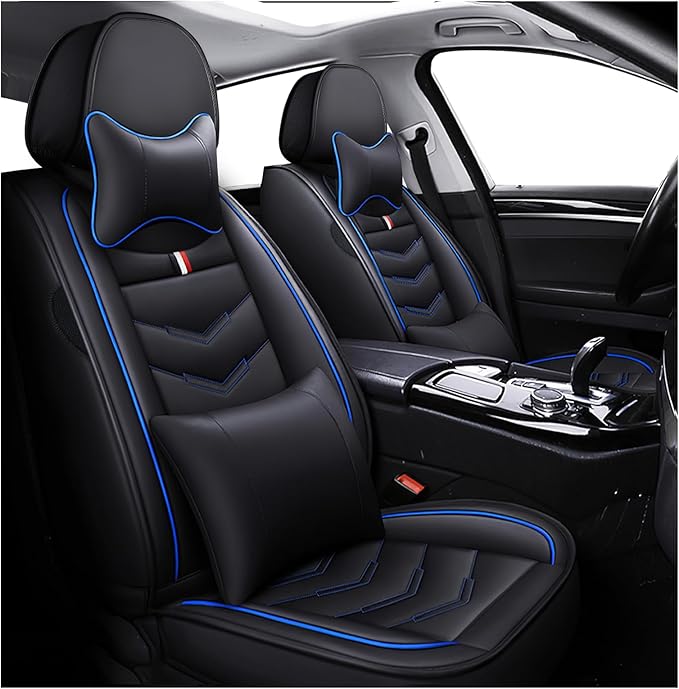 MVRVMV Seat Covers for Ford Expedition 2007-2026, Waterproof Leather Auto Seat Cover with 2* Neck Pillow and 2* Lumbar Support (2 Seat Luxury,Black-Blue)