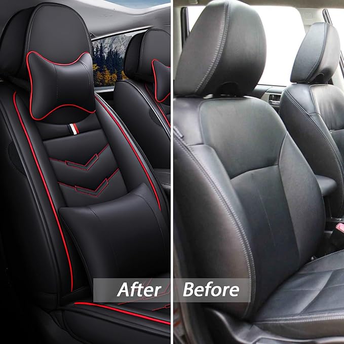 MVRVMV for Ford Edge 2007-2024 Seat Covers, Waterproof Leather Seat Cover with 2* Neck Pillow and 2* Lumbar Support (2 Seat Luxury,Black-Red)