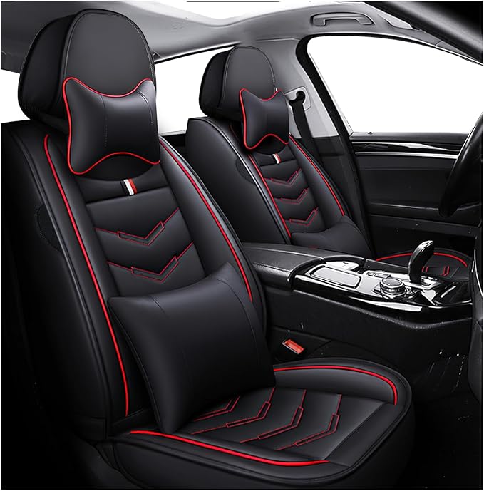 MVRVMV for Ford Bronco 2021-2026 Seat Covers, Waterproof Leather Seat Cover with 2* Neck Pillow and 2* Lumbar Support (2 Seat Luxury,Black-Red)