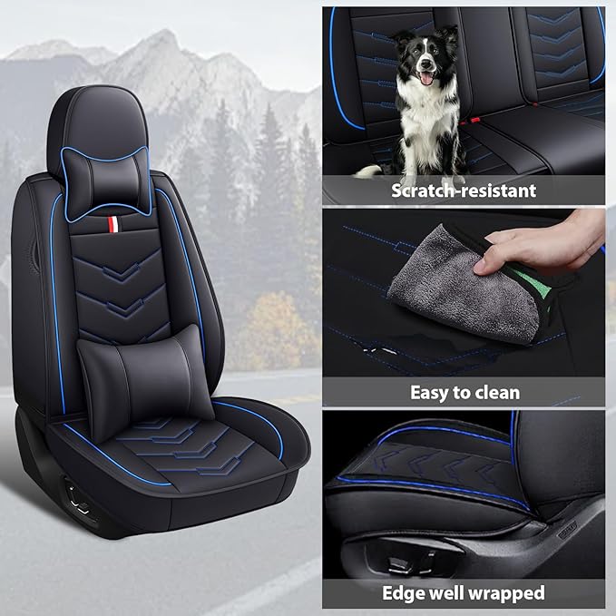 MVRVMV Seat Covers for Ford F-150 2010-2026, Waterproof Leather Auto Seat Cover with 2* Neck Pillow and 2* Lumbar Support (5 Seat Luxury,Black-Blue)