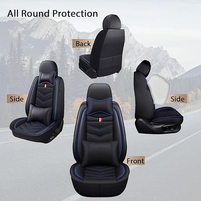 MVRVMV Car Seat Covers for Ford Explorer 2012-2026, Waterproof & Wear-Resistant Front and Rear Seat Protectors with 2* Neck Pillow and 2* Lumbar Support (7 Seat Luxury, Black-Blue