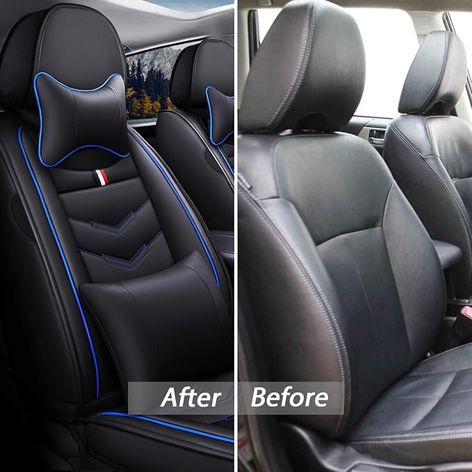 MVRVMV Luxury Car Seat Covers for Honda Pilot 2010-2026, Nappa Leather Auto Seat Cover with 2 Neck Pillows and 2 Lumbar Supports (5 Seat Luxury, Black-Blue)