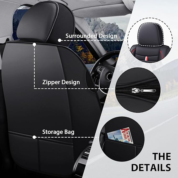MVRVMV for Ford Mustang 2006-2026 Seat Covers, Waterproof Leather Seat Cover with 2* Neck Pillow and 2* Lumbar Support (2 Seat Luxury,Black-Red)