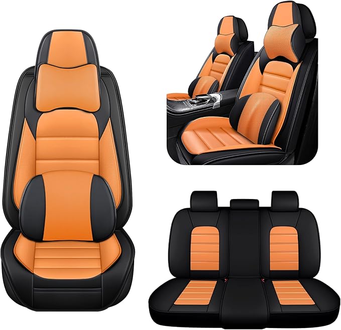AREKA 5 Car Seat Covers for Honda Civic 2002-2026 Breathable Leather,Waterproof Car Seat Protectors with Comfort Headrest Pillows,Automotive Vehicle Cushion with Storage Pockets (Luxury,Orange)