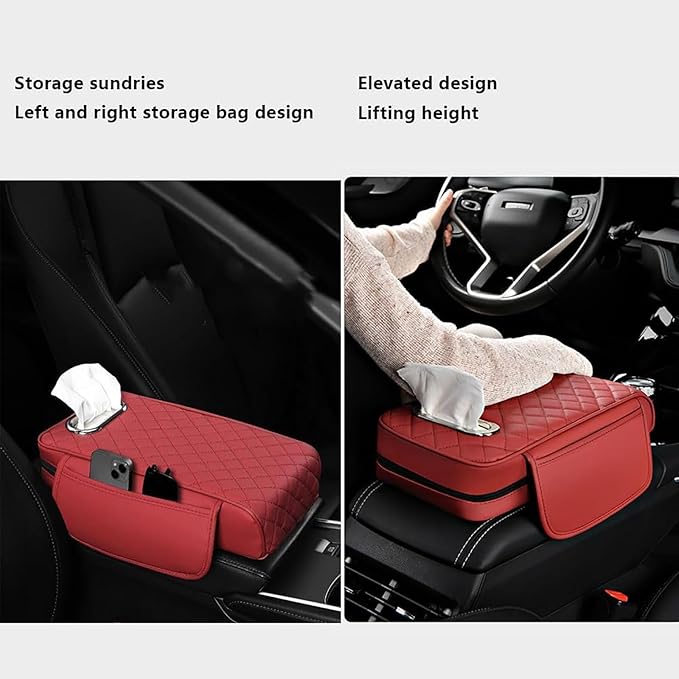 Car Arm Rest Cover Pad for Toyota Camry 2012 2013 2014 2015 2016 2017, Leather Memory Foam Center Console Cushion with 2 Storage Bags and a Tissue Box Universal Car Interior Accessories