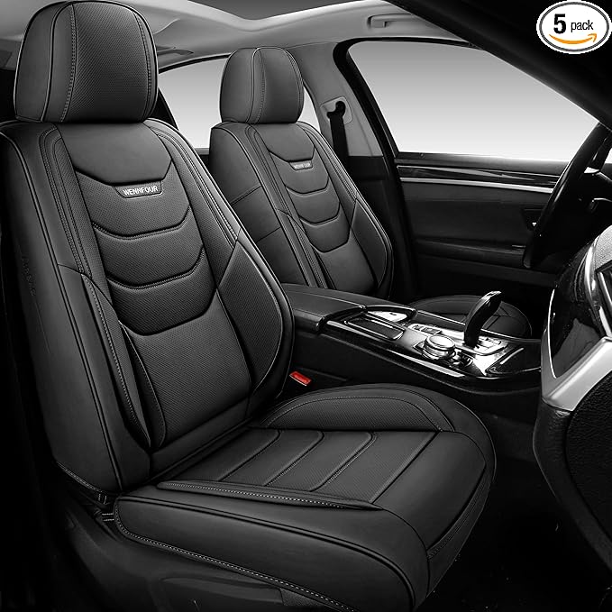 WENNFOUR Car Seat Covers Full Set, Universal Automotive Front and Rear Seat Protector Fit for Cars 5 Seats, Waterproof Breathable Leather Seat Cushion for Most Vehicles SUV Pick-up Truck, Black