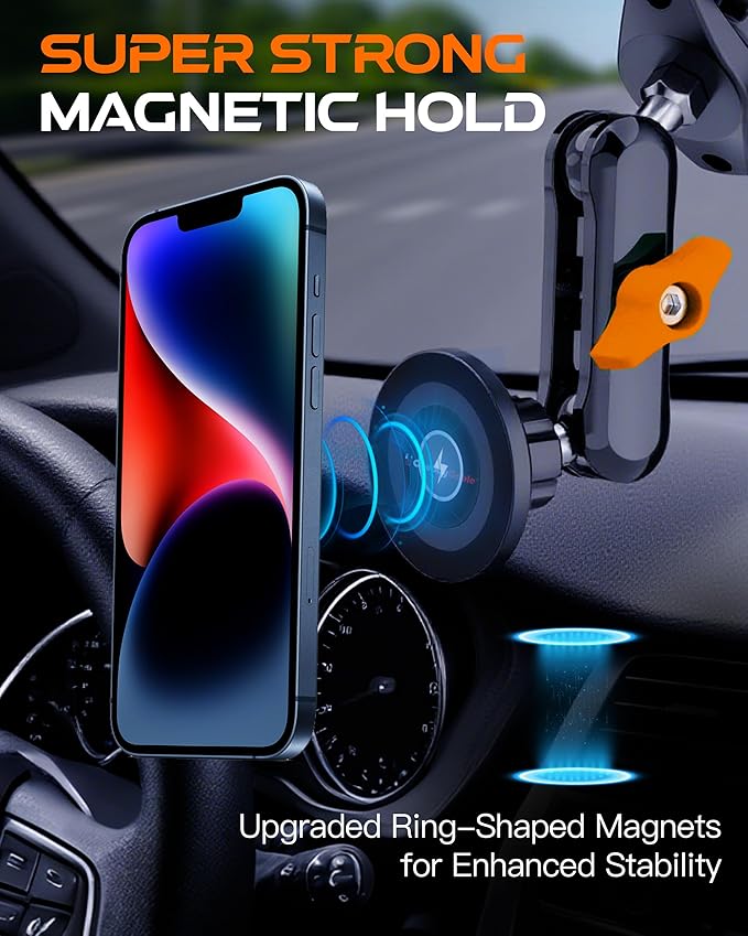 chubbycable ChubbyGrip Magnetic Dash Mount Vacuum Magnetic Phone Holder for Your Car 360° Adjustable Suction Cup Car Phone Mount for Windshield Dashboard, Magnetic Phone Holder, Orange